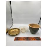 Hobnail divided serving dish, brass and pot