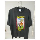 Looney Tunes shirt appears to be L or XL