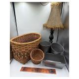 Baskets, cans, lamp