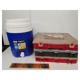 Storage compartments, contents and a cooler