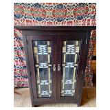 Lighted cabinet stain glass doors, glass shelving