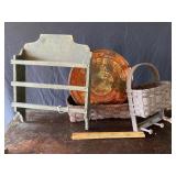 Towel rack, baskets and tin