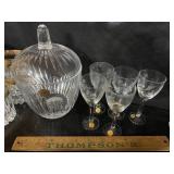 Crystal dish and 5 glasses