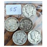 Lot of 5 Mercury Dimes