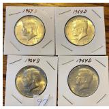 4 1964 D Kennedy Half Dollars