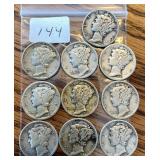 10 Mercury Silver Dimes (1940