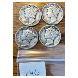 4 Mercury Silver Dimes (41, 43, 45