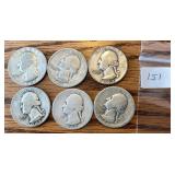 6 Silver Washington Quarters (1940