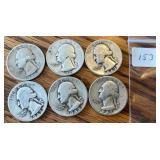 6 Silver Washington Quarters (1940