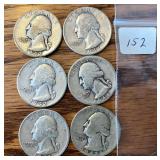 6 Silver Washington Quarters (1940