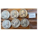 6 Silver Washington Quarters (1940