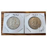 2 Franklin Silver Half Dollars 1963 D