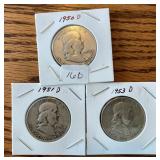 3- Franklin Silver Half Dollars 1950 D; 51 D; 53 D