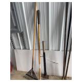 Garden Tools Including Rake and Mallet