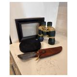 Hunting Knife, Binoculars, Strap Roll, and Frame