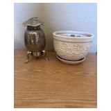 Decorative Footed Metal Container and Ceramic Plan