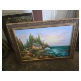 Framed Landscape Painting Featuring Cabin and Ocea