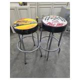 Two Chrome Bar Stools with Automotive-Themed Seats
