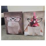 Two Animal-Themed Canvas Prints With Books and Gla