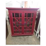 Red Wooden Cabinet with Glass-Paneled Doors