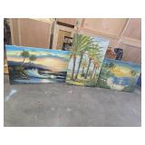 Three Framed Landscape Paintings With Palm Trees a