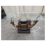 Glass-Top Brass Ship-Themed Table with Mythologica