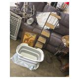 Laundry Baskets, Wicker and Metal Shelf, and Giraf