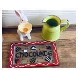 Ceramic Rabbit Dish Holder, Pitcher, and Chocolate