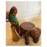 Wooden Elephant Stool and Painted Parrot Sculpture