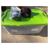 Plastic Storage Bin With Branded Tote Bags and Hat