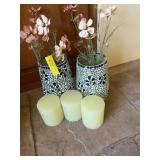 Mosaic Floral Vases and Three Ivory Pillar Candles