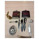 2 Flasks, throwing knives, bell, straits razor