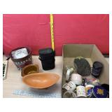 Lots of coffee cups fruit bowl, cheese tray and