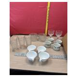 2 glass ice bucket small, 3 cubist tea glasses,
