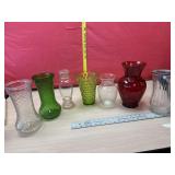6 glass flower vases and glass jar with lid