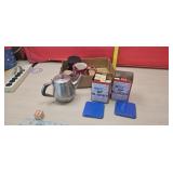 2 boxes kids blocks, tea pot and misc