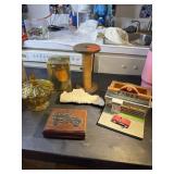 Amber candy dish wood spool, coral, cards and