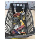 Crate of staplers, tape measure, level and more