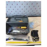 Tool box and contents, sheet rock saw and more