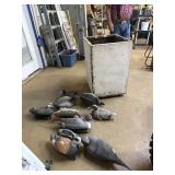 Wood box on wheels with 17 duck decoys