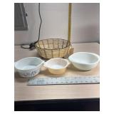3 Pyrex dishes, twine woven basket
