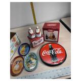Coca Cola tip trays, 2 set S&P shakers & carry