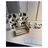 Cow creamer and sugar, display and wood basket