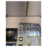 Wood cigar box with coins, baseball cards & 2