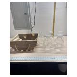 Wood Basket and 5 oil lamp globes