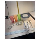 Plastic and glass glasses, Rubbermaid bowl with