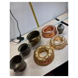 Brass pots, 3 jello molders and vase