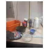 Wash tub, sewing kit, travel cups, carafe, and