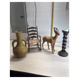 Signed vase, doll rocking chair, leather wrapped