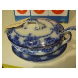 English Blue Gravy Bowl, Blue Floral and Gold